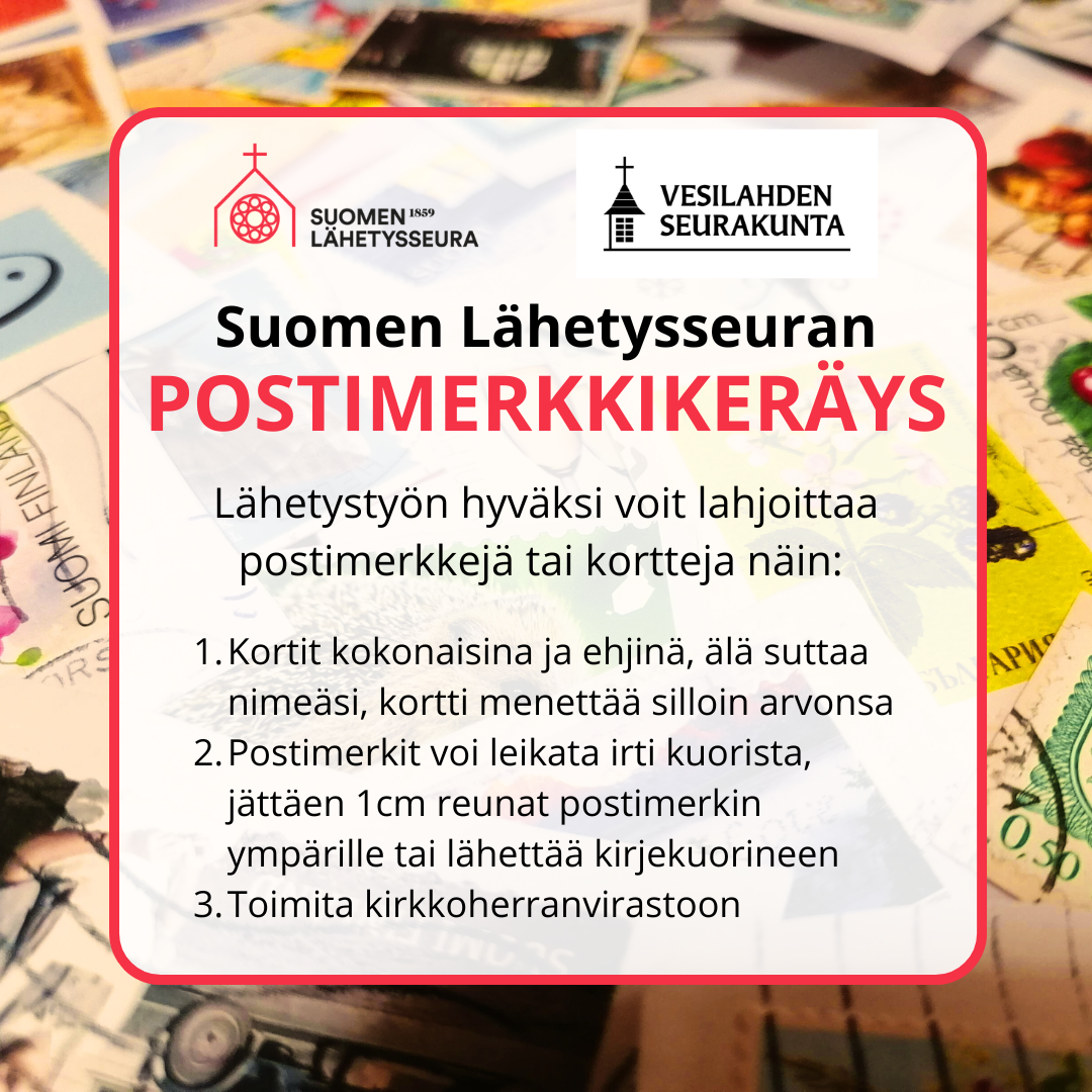 Kuvassa takana kuva kasasta postimerkkejä. Etualalla yllä olevan uutisen tekstiä sekä Suomen Lähetysseuran ...