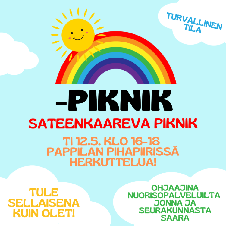 Sateenkaareva piknik Pappilan pihapiirissä tiistaina 12.5. klo 16-18. 