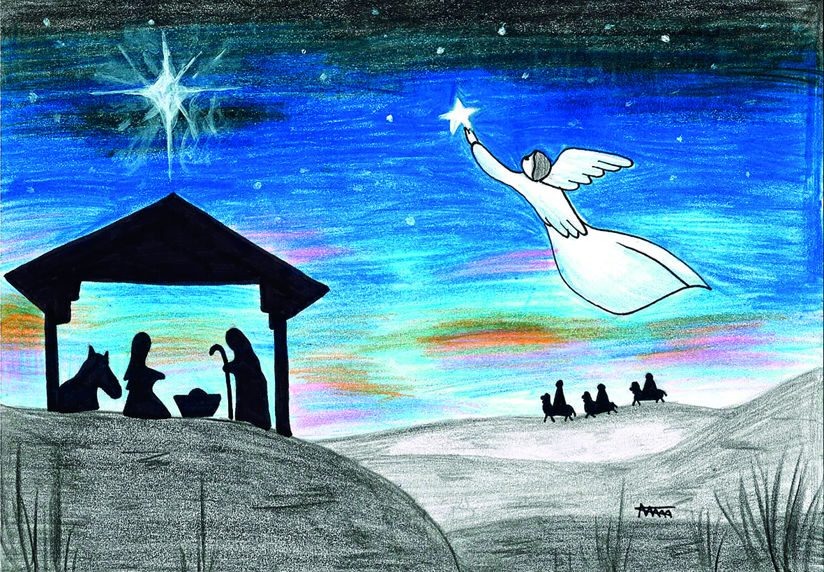 Piirros, jossa valkoinen enkeli kurkottaa tähteä kohti seimen yllä. Seimessä Maria, Joosef ja Jeesus-lapsi,...
